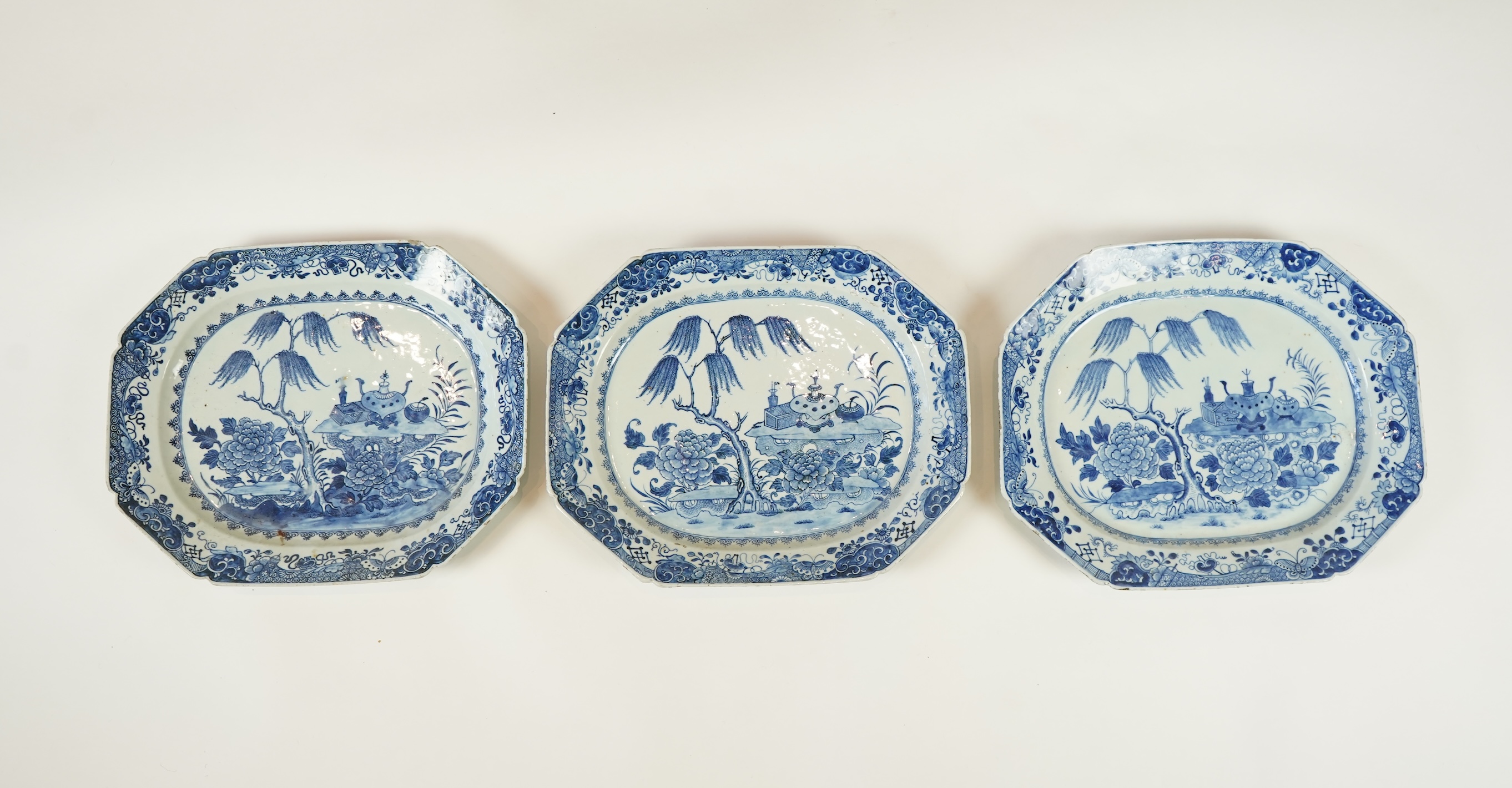 A set of three Chinese blue and white meat dishes, Qianlong period
